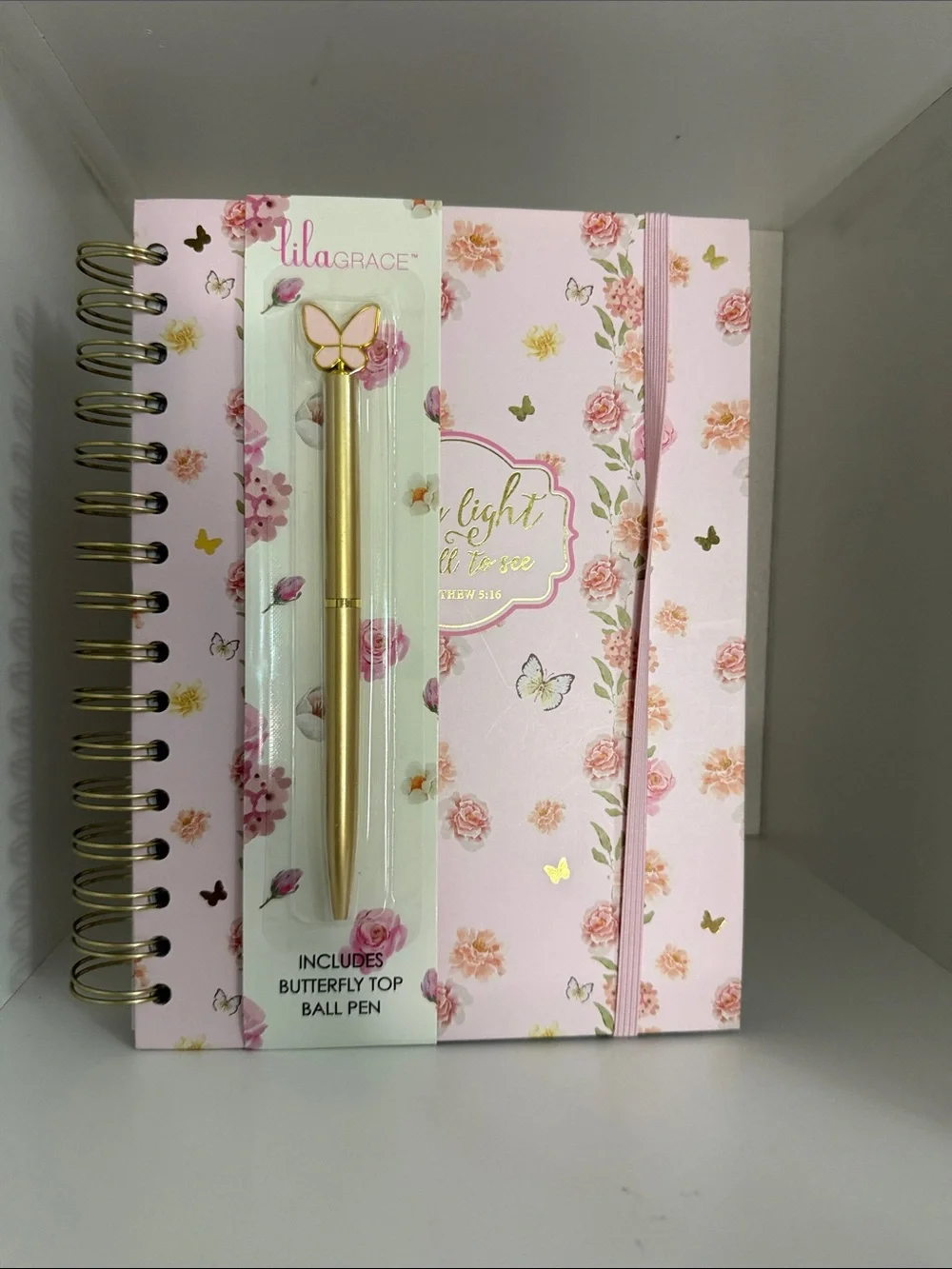 Boutique Pink Floral Notebook with Gold Butterfly Top Pen